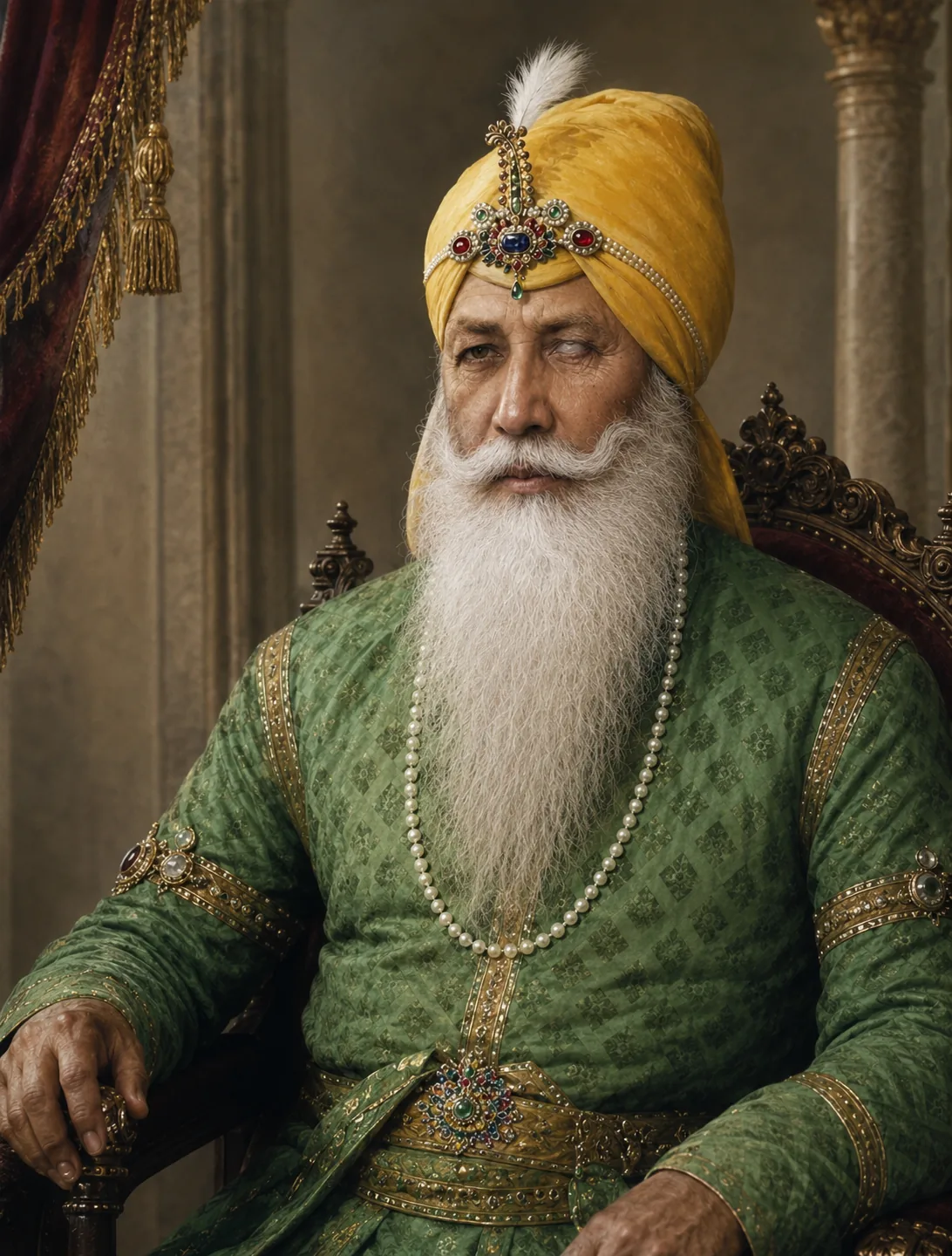Illustration of Maharaja Ranjit Singh seated, wearing a yellow turban with a jewelled sarpech and plume, and green brocade robes.